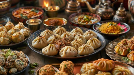 A festive celebration with a table overflowing with a variety of momos, offering guests a taste of traditional Indian cuisine.