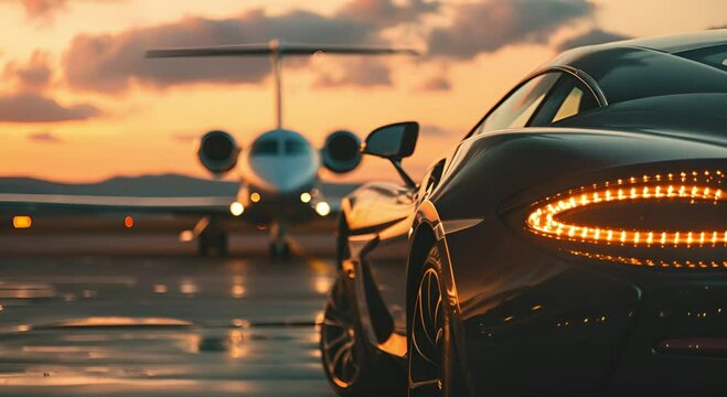 Super cars and private jets on the landing pad. Business services Airport pick up
