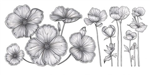 A hand-drawn illustration set of gotu kola Centella asiatica flower leaves in a graphic engraved style for labels, stickers, menus, and packaging.