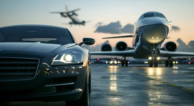 Super cars and private jets on the landing pad. Business services Airport pick up