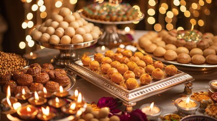 A festive Diwali celebration with a table adorned with trays of sweet and savory Indian treats like gulab jamun and kachori.