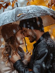Loving couple embraces under umbrella in rainy weather, enjoying their relationship and joy in autumn/winter. Romance and happiness in park during leisure time.