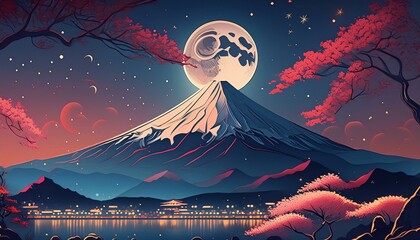 満月に照らされた富士山と木々 - obrazy, fototapety, plakaty