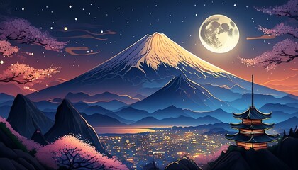 満月と桜と綺麗な富士山 - obrazy, fototapety, plakaty