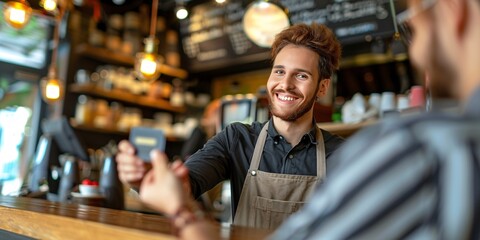 Grinning woman using credit card to pay male server at coffee shop.