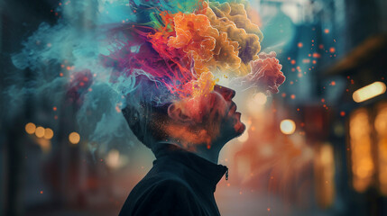 A man with smoke swirling around his head against a magenta sky, creating a visual arts performance. The electric blue gas creates an artistic and entertaining event