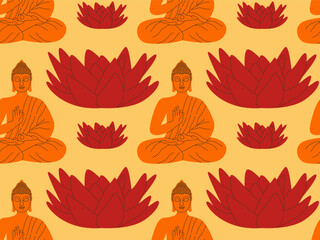 Obraz premium Buddha seamless pattern with lotus flower. Flat vector illustration.