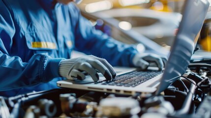 A mechanic wearing protective gear, using diagnostic software on the laptop to troubleshoot a car engine issue.