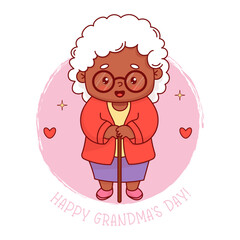 Cute black ethnic elderly woman grandmother. Happy grandma's day. Vector illustration. Positive holiday female character pensioner lady