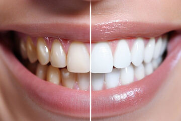 open mouth with smile with healthy white teeth before and after teeth whitening, caries treatment close up