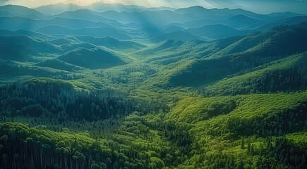 Fototapeta premium Beautiful green mountains and forest landscape, aerial view. Generative AI.