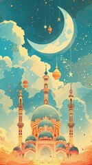 Illustration, fasting for the Muslim holy month of Ramadan, against a sky background with a crescent moon and star. Lanterns