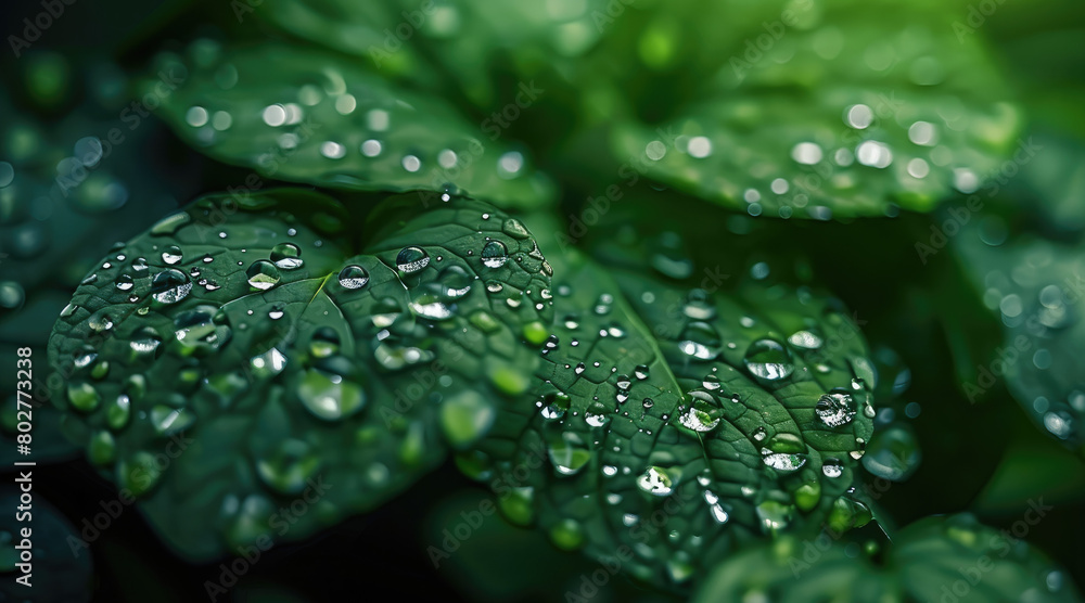 Aufkleber close-up view of raindrops on leaves, each raindrop sits delicately on the surface of the leaf, refl