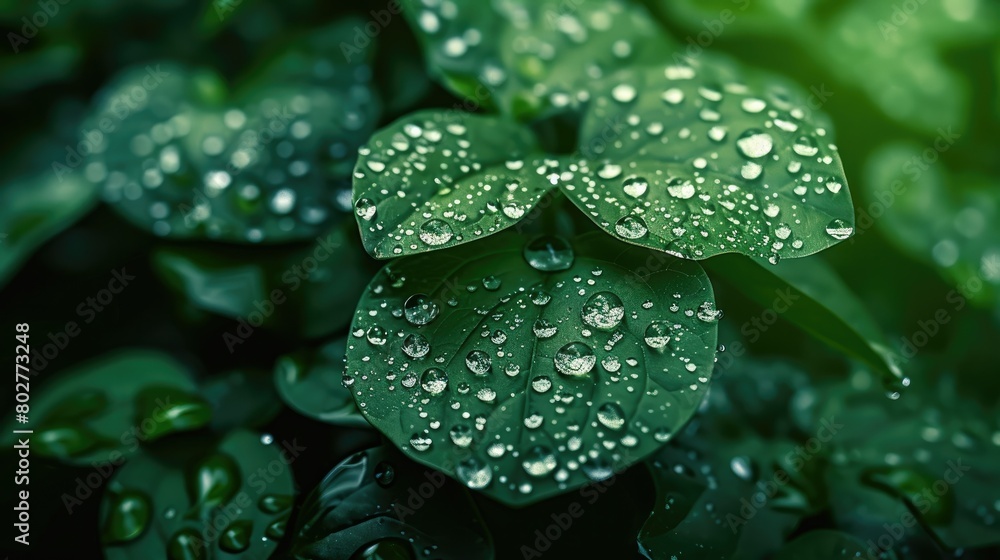 Aufkleber close-up view of raindrops on leaves, each raindrop sits delicately on the surface of the leaf, refl