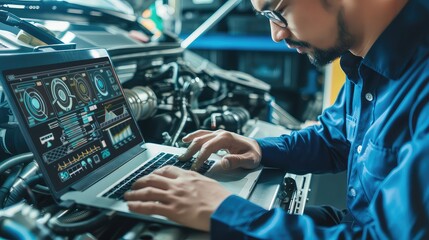 A mechanic analyzing engine performance graphs and charts on the laptop for optimization.