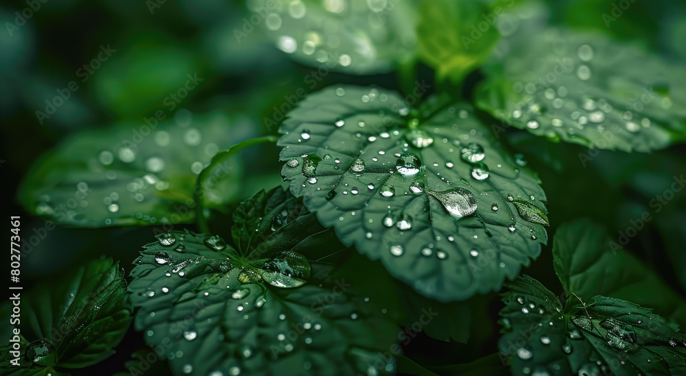 Poster Close-up view of raindrops on leaves, Each raindrop sits delicately on the surface of the leaf, reflecting the surrounding environment like a miniature mirror. Generative AI.