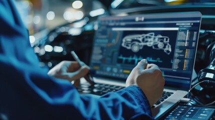 A technician analyzing engine diagnostic codes and sensor readings displayed on the laptop screen. 