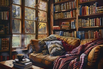A cozy reading nook with a plush couch, a steaming cup of espresso, and a towering stack of novels waiting to be explored. - Powered by Adobe