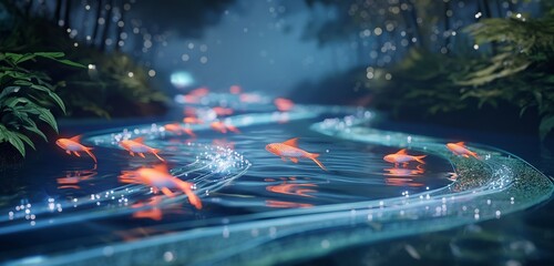 A tranquil cyberspace river, its waters made of flowing, secure data streams, with fish-like drones patrolling for threats, embodying the dynamic nature of cyber security. 