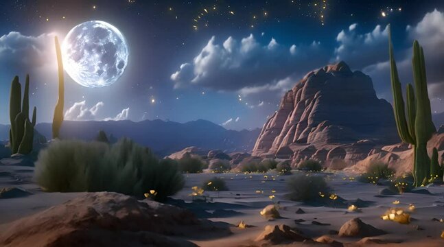 A moonlit night in the desert with huge cactus flowers above the fireflies surrounding it