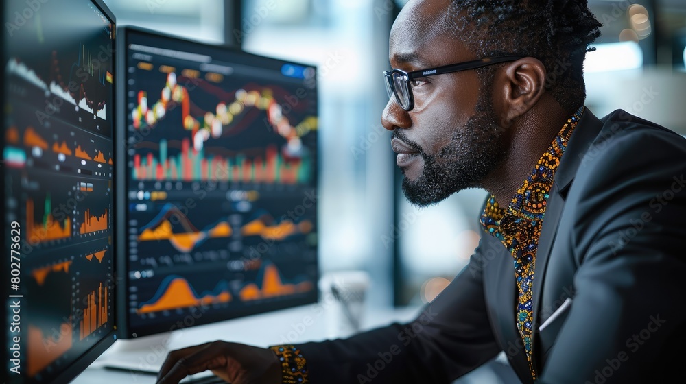 Fototapete An African businessman at work in a dynamic and modern office setting, focusing intently on a computer screen displaying intricate financial data about stocks and customer analytics. Generative AI.
