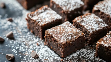 A closeup of brownies with powder sugar being sprinkled on top