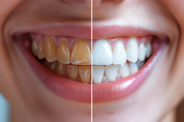 female open mouth with smile with white teeth before and after teeth whitening, plaque removal close-up
