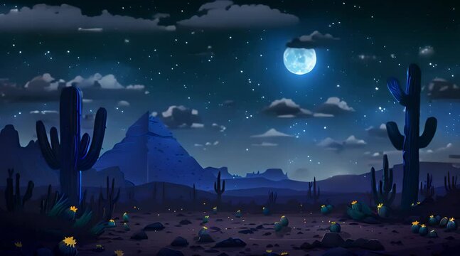 A moonlit night in the desert with huge cactus flowers above the fireflies surrounding it