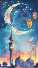 Illustration, fasting for the Muslim holy month of Ramadan, against a sky background with a crescent moon and star. Lanterns