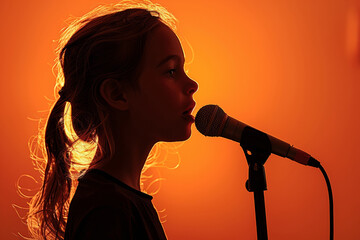A talented young singer, illuminated by the stage lights, captivating the audience with her voice.