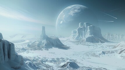 A futuristic snow-covered planet. Generative AI.