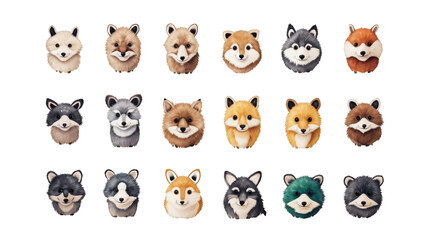 A collection of cute and colorful cartoon dog icons. The dogs are of various breeds.