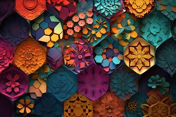 a collection of colorful paper flowers with a blue flower on the bottom.