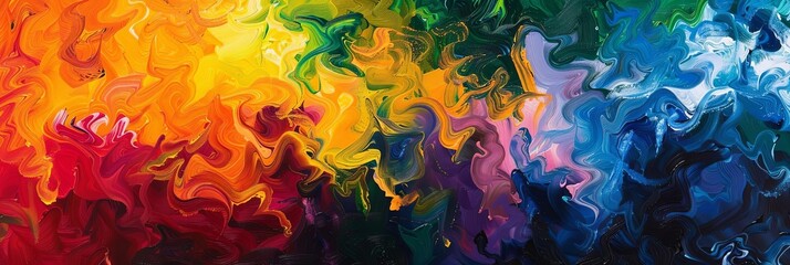 a colorful abstract painting featuring a red, yellow, green, blue, and purple color scheme