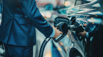 A detail-oriented image showing the businessman checking the fuel quality and pump settings before refueling his car.