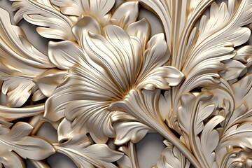 a gold and white ornate wallpaper with a gold flower on it.
