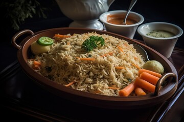 a bowl of rice with rice and vegetables on it.