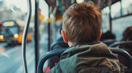 Smiling little boy riding bus looking away, beautiful boy taking bus to work, lifestyle concept. Young smiling man holding onto a handle while traveling by public bus.