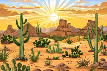 A desert landscape with cacti and sand dunes.