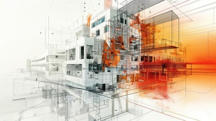 A conceptual image of construction materials morphing into architectural sketches, illustrating the transformation from concept to reality. 