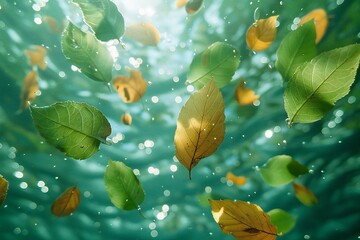 Leaves floating in the water of the sea,  Nature background