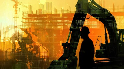 An artistic composition combining construction machinery with an engineer's silhouette, conveying the power of construction expertise. 