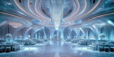 A large wedding hall with an indoor circular stage, futuristic style, white and silver color scheme, silver installation design elements on the ceiling of each table. Generative AI.