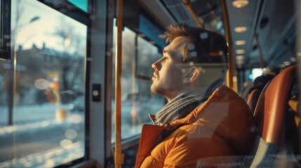 Smiling little boy riding bus looking away, beautiful boy taking bus to work, lifestyle concept. Young smiling man holding onto a handle while traveling by public bus.