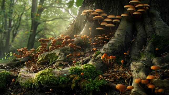 A magical woodland scene with mushrooms sprouting from the gnarled roots of an ancient tree, evoking a sense of wonder and enchantment.