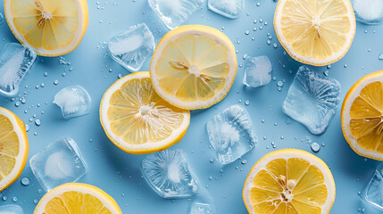 Sliced fresh lemon and ice on blue background