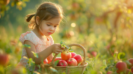 little child with apples sunset sun rising trees and flower in ground or fruit 