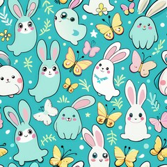 Seamless pattern of giggling ghost bunnies and fluttering butterflies, Generative AI