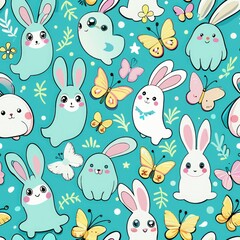 Fototapeta premium Seamless pattern of giggling ghost bunnies and fluttering butterflies, Generative AI