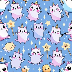 Seamless pattern of happy ghost kittens with magical wands, Generative AI